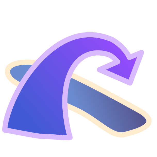 an image with light line art shows a gradient, blue to purple, curved arrow pointing over an organic shape. The shape is rounded, long, and a blue to dark blue gradient color.